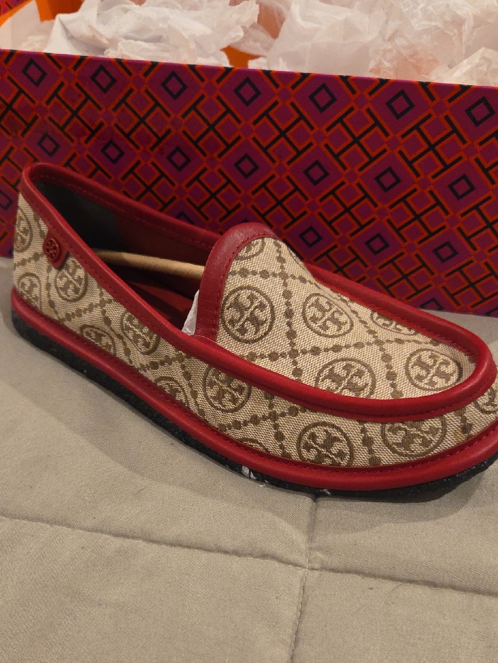 Tory Burch Hazel Tory Red 301 Monogram Moc Stitched Loafer
